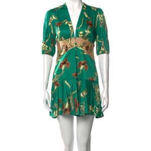 Alexis Nari Dress Womens Large Green Floral Fit & Flare Boho Puff Sleeve Short
